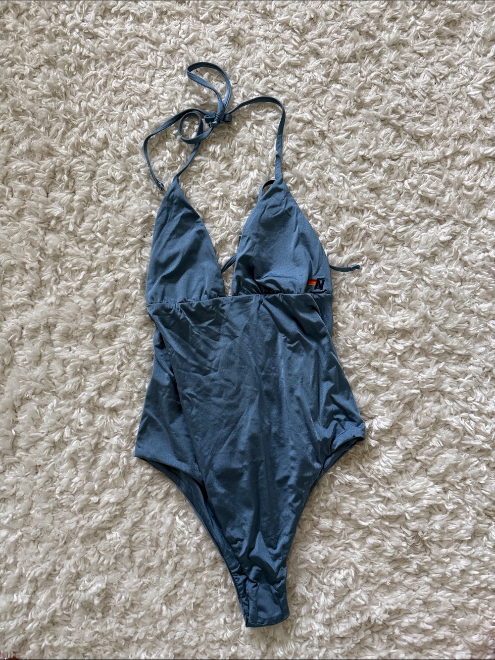 Aviator Nation Slate Blue Halter One-Piece Swim
